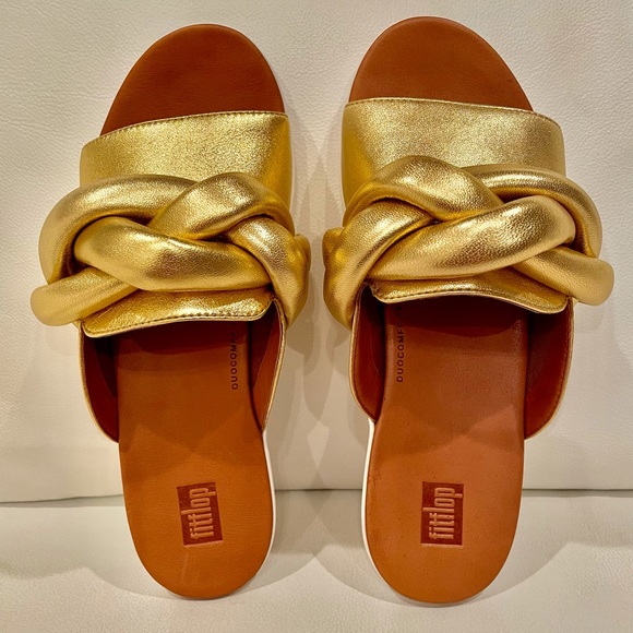 NWT FitFlop gold REAL leather Artisan FITFLOP braid front knot slides podiatric - Picture 6 of 16